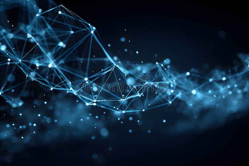 Network of glowing blue lines and points creating a digital landscape at night stock illustration