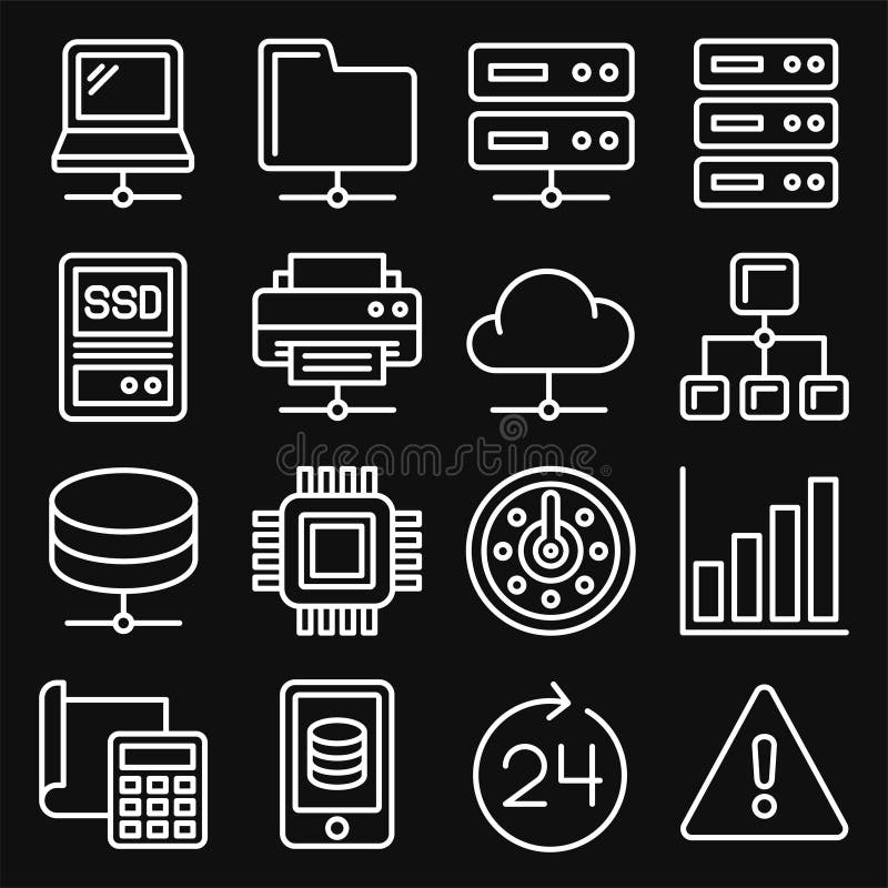 Network and Hosting Icons Set on Black Background. Line Style Vector vector illustration