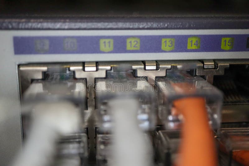 Network Hub Switch and Patch Cables with Lights Stock Image Image of