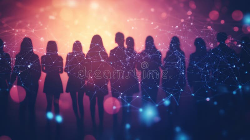 A network of interconnected light beams forming the silhouette of a diverse group of students illustrating unity and stock image