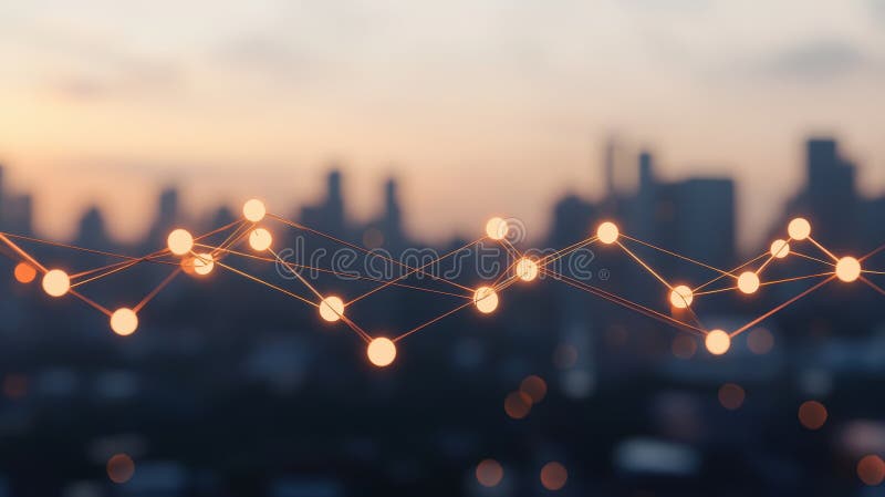 The image presents a digital illustration of a network of interconnected orange lines, resembling a web or a network, against a blurred cityscape backdrop. The lines are arranged in a zigzag pattern, creating a sense of movement and connectivity. The cityscape, which appears to be a mix of buildings and possibly some trees, is out of focus, drawing attention to the intricate network of lines. The warm orange color of the lines contrasts with the cool blue of the sky, adding depth and dimension to the image. The overall composition creates a sense of technological integration within a natural environment. Out line drawing tree stock images, royalty-free photos and pictures