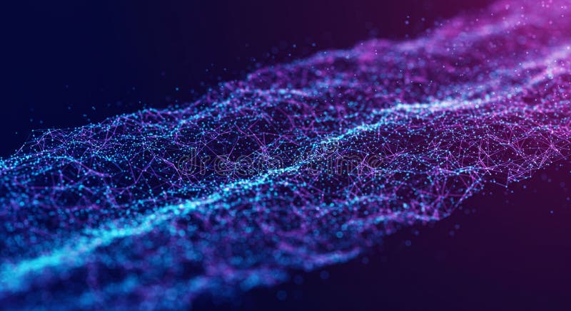 A network of interconnected points forms an abstract wave-like shape. The digital mesh is composed of glowing blue and pink nodes connected by vibrant lines, creating a complex web structure. The background is dark, enhancing the luminous effect of the graph-like composition. This image represents concepts in technology, data visualization, or artificial intelligence, illustrating the complexity and interconnectedness of digital information systems.