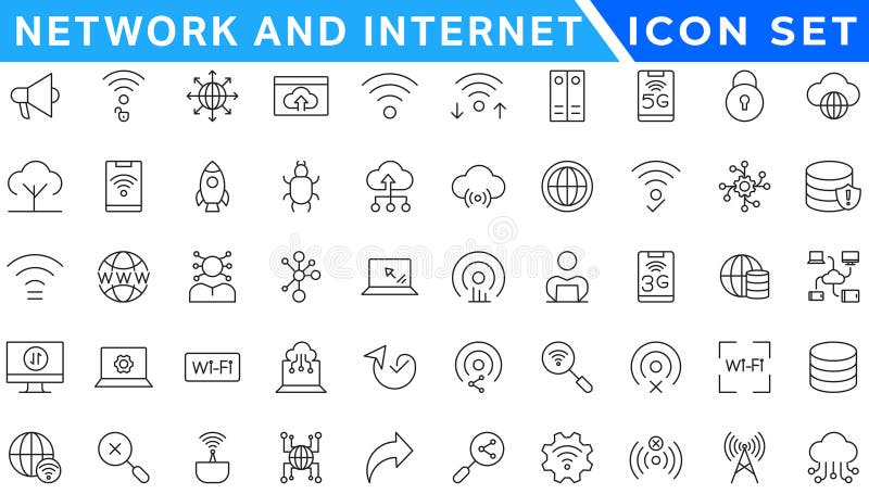 Network and Internet outline icons. linear icon collection for online, computer, network, website, server, web design, hardware stock illustration