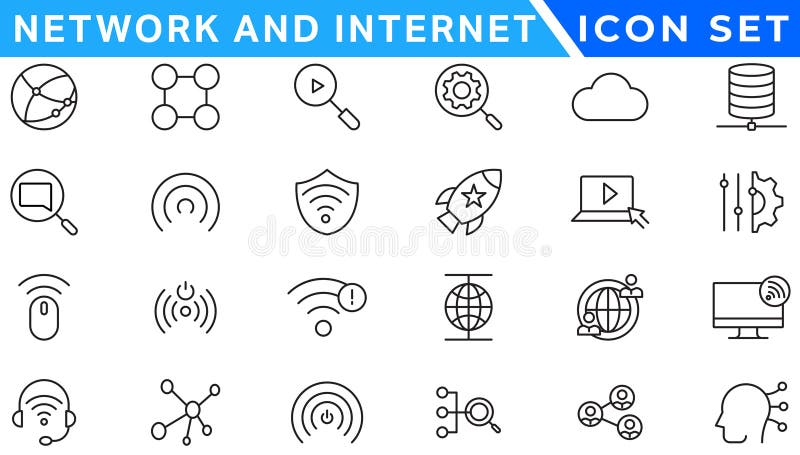 Network and Internet outline icons. linear icon collection for online, computer, network, website, server, web design, hardware stock illustration