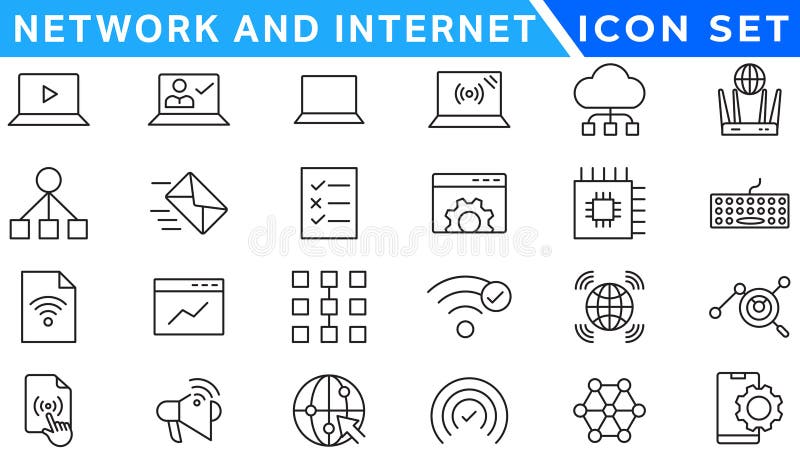 Network and Internet outline icons. linear icon collection for online, computer, network, website, server, web design, hardware, software, and programming. Solid icons illustration collection