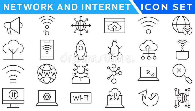 Network and Internet outline icons. linear icon collection for online, computer, network, website, server, web design, hardware royalty free illustration