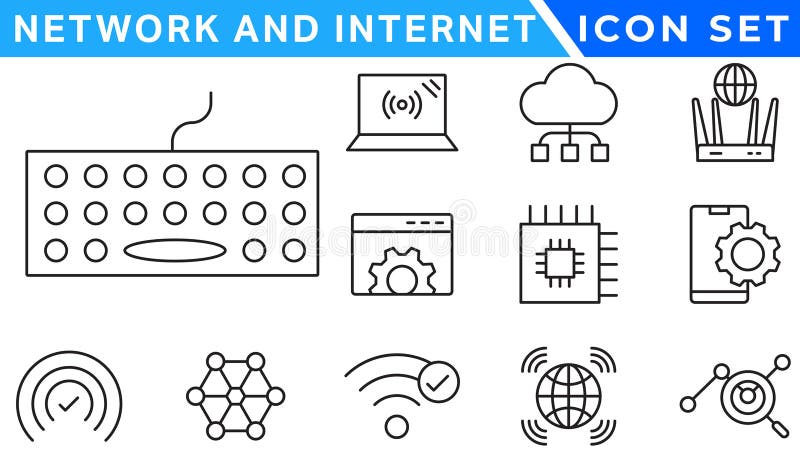 Network and Internet outline icons. linear icon collection for online, computer, network, website, server, web design, hardware stock illustration
