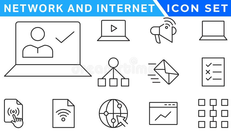 Network and Internet outline icons. linear icon collection for online, computer, network, website, server, web design, hardware stock illustration