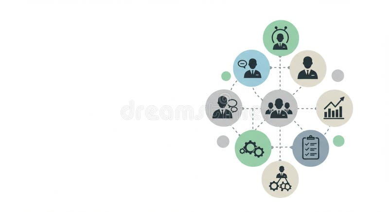 Network-like diagram featuring interconnected circles, each with a business-related stock illustration