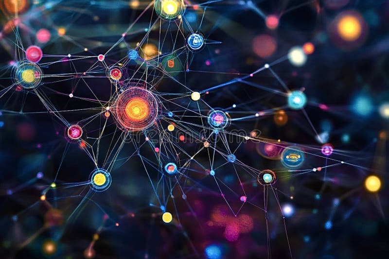 Colorful network nodes interconnected, exchanging data and information, illustrating a dynamic and complex system in constant motion, representing the essence of modern technology and communication. Blockchain network analysis stock images, royalty-free photos and pictures