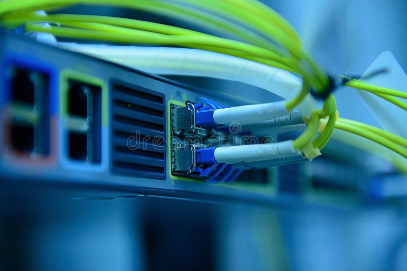 Network optical fiber cables and hub stock photos