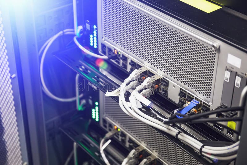 Network panel hardware, switch and cable in data center or server room, database internet communications concept royalty free stock photos Network panel hardware, switch and cable in data center or server room, database internet communications concept royalty free stock photos