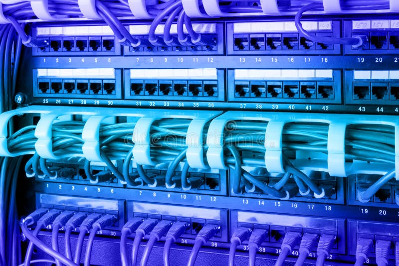 Network panel, switch and internet cable in data center. Black switch and blue ethernet cables, Data Center Concept. stock photo