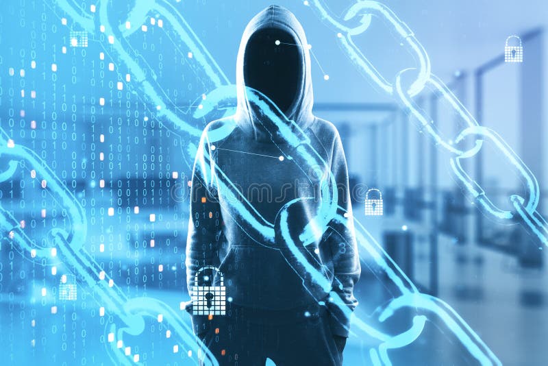Network security concept with digital chain, binary code and locks and noface hacker on background royalty free stock photography