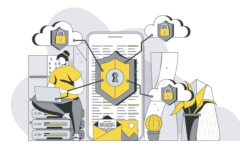Network security concept with outline people scene. vector illustration
