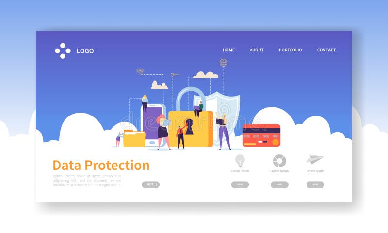 Network Security Landing Page. Data Protection Banner with Flat People Characters and Digital Data Secure Website stock illustration