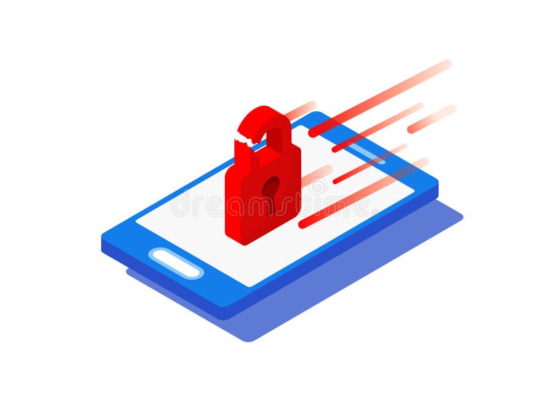 Isometric smartphone and red broken lock with virus attack. Hacker hacking of personal information and data from a personal smart royalty free illustration