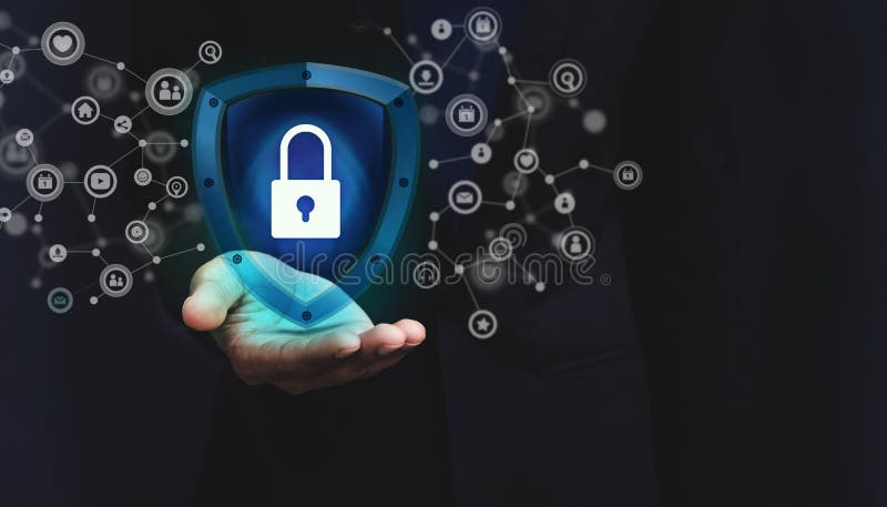 Network Security System Concept, Locked Key inside a Shield Guard to Protected Identify or Personal Information from Cyber Attack royalty free stock images Network Security System Concept, Locked Key inside a Shield Guard to Protected Identify or Personal Information from Cyber Attack royalty free stock images