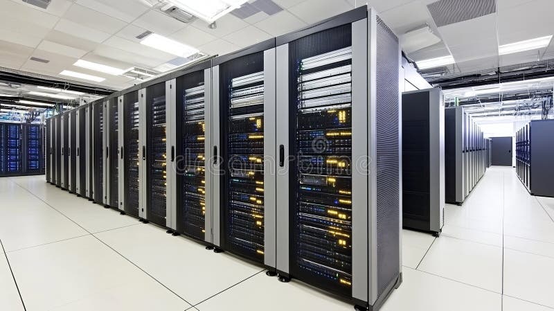 Network Server Room. Rows of Modern Servers with Flashing LED Lights Inside Data Center. stock illustration