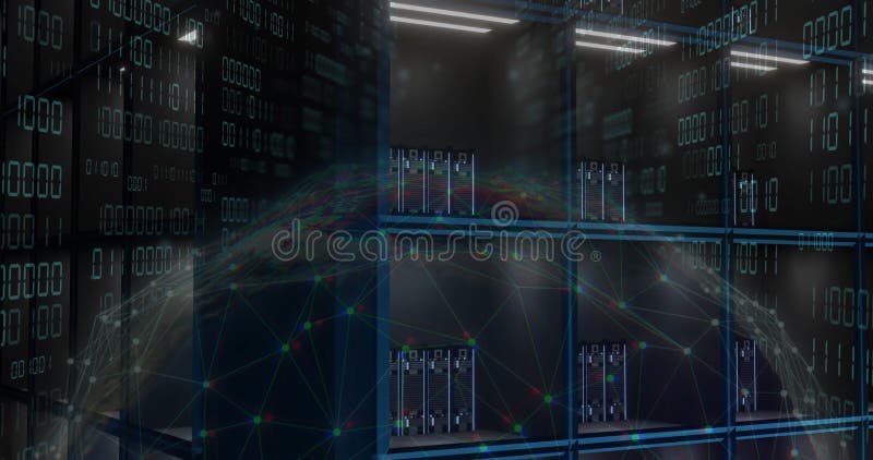 Network of servers and binary code, data processing animation over globe. Technology, cybersecurity, digital, global, internet. Digital binary code processing video