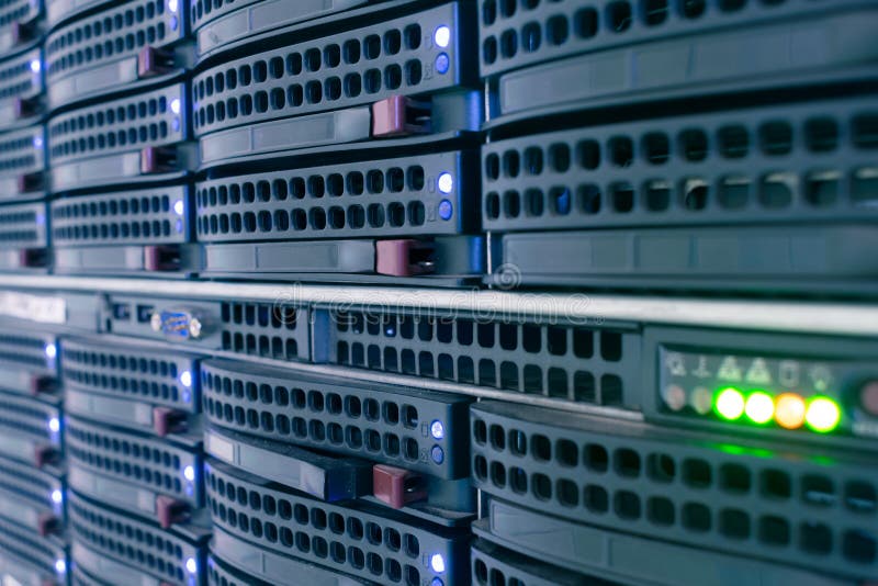 Network Servers Closeup. Powerful Computer Equipment are in the Server