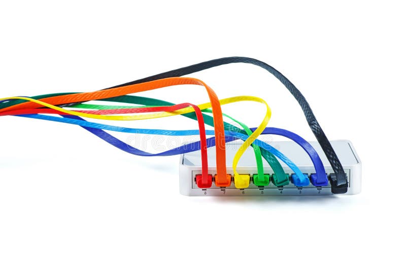 Network switch and colored UTP ethernet cables royalty free stock photo