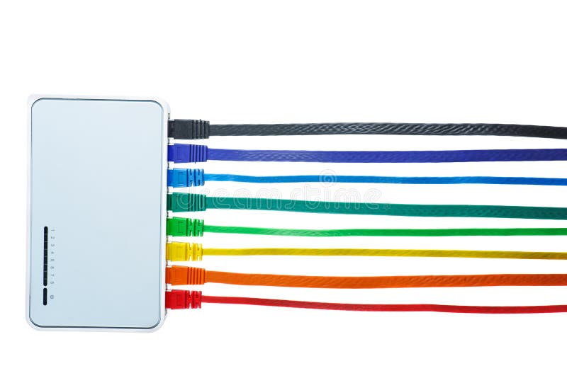 Network switch and colored UTP ethernet cables stock photography