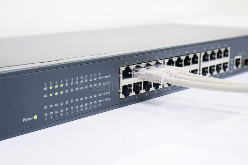 Network switch and ethernet cables stock photography