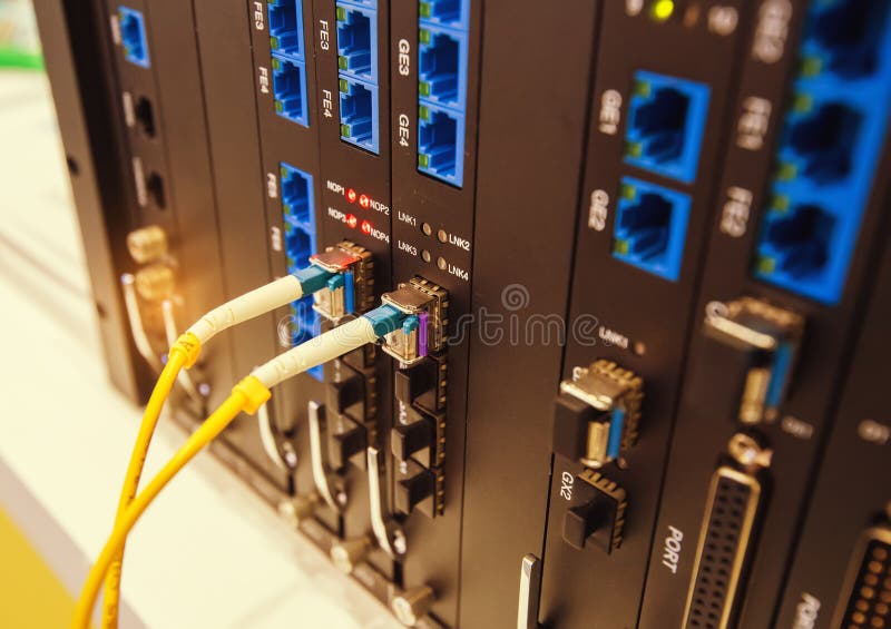 Network switch and ethernet cables stock images