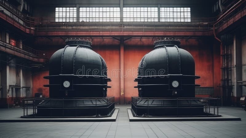 A network of tanks, their metallic surfaces gleaming, form an intricate system within the factory. Each tank plays a royalty free stock photography