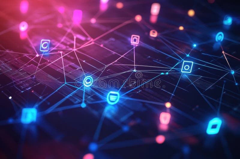Network of tech icons connected by glowing lines creating a digital web across a gradient background in a vibrant tech stock illustration