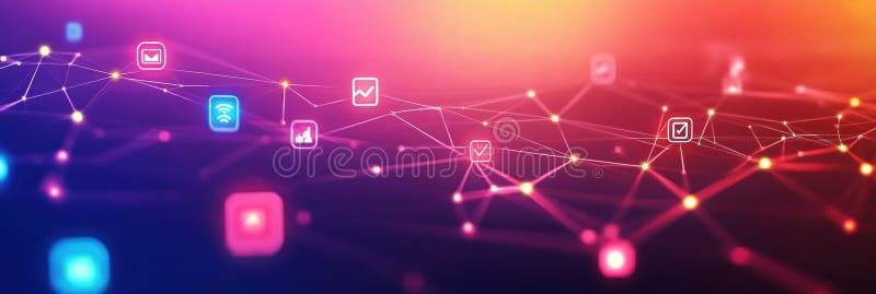 Network of tech icons connected by glowing lines on a vibrant gradient background representing a digital web concept stock photos