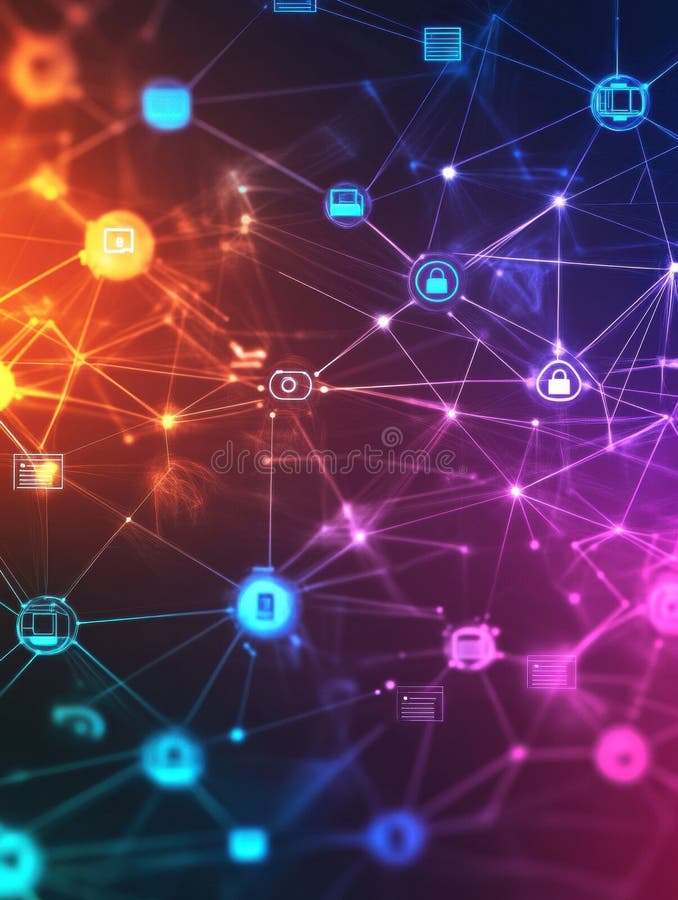 Network of tech icons interconnected by glowing lines on a vibrant gradient background, illustrating the concept of stock photography