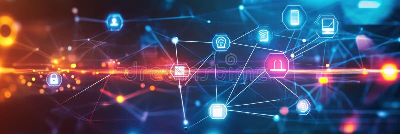 Network of technology icons interconnected by glowing lines on a dynamic gradient background illustrating a digital web. A vibrant network showcases various tech icons linked by luminous lines against a striking gradient background, symbolizing digital connectivity and innovation. AI generated
