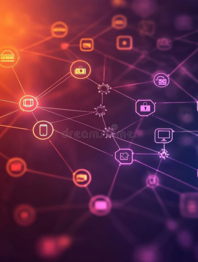 Network of technology icons interconnected by glowing lines on a vibrant gradient background illustrating digital stock photography