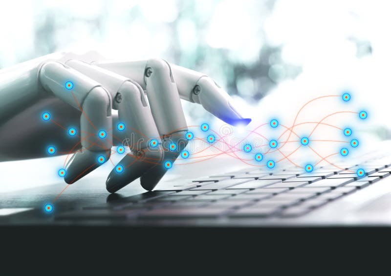 Network technology robot concept or robot hand chatbot pressing computer keyboard stock images