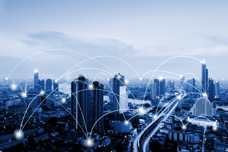 Network Telecommunication and Communication Connect Concept, Connection 5G Networking System of Infrastructure and Cityscape at