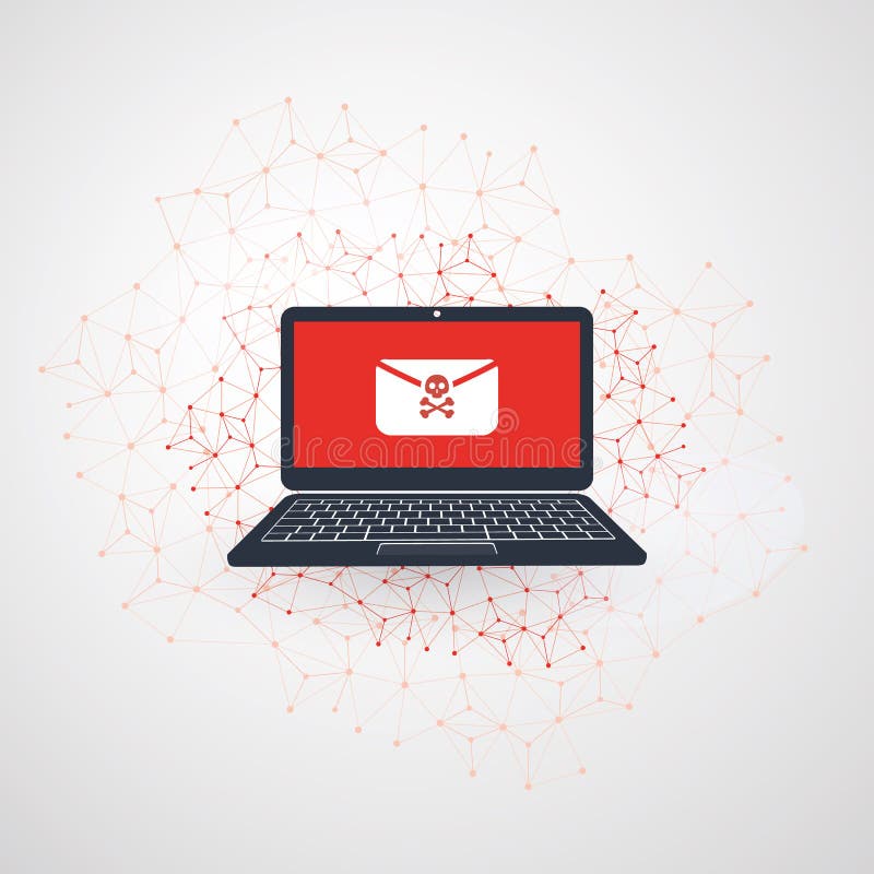 Network Vulnerability - Virus, Malware, Ransomware, Fraud, Spam, Phishing, Email Scam, Hacker Attack Causes Error, Failure. IT Security Concept Design, Vector royalty free illustration Network Vulnerability - Virus, Malware, Ransomware, Fraud, Spam, Phishing, Email Scam, Hacker Attack Causes Error, Failure. IT Security Concept Design, Vector royalty free illustration