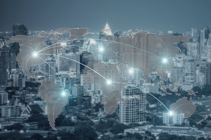 Networking concept - Network and world map on blur city use for global network partners background. (Elements of this image furnished by NASA). Global network connection map stock images, royalty-free photos and pictures
