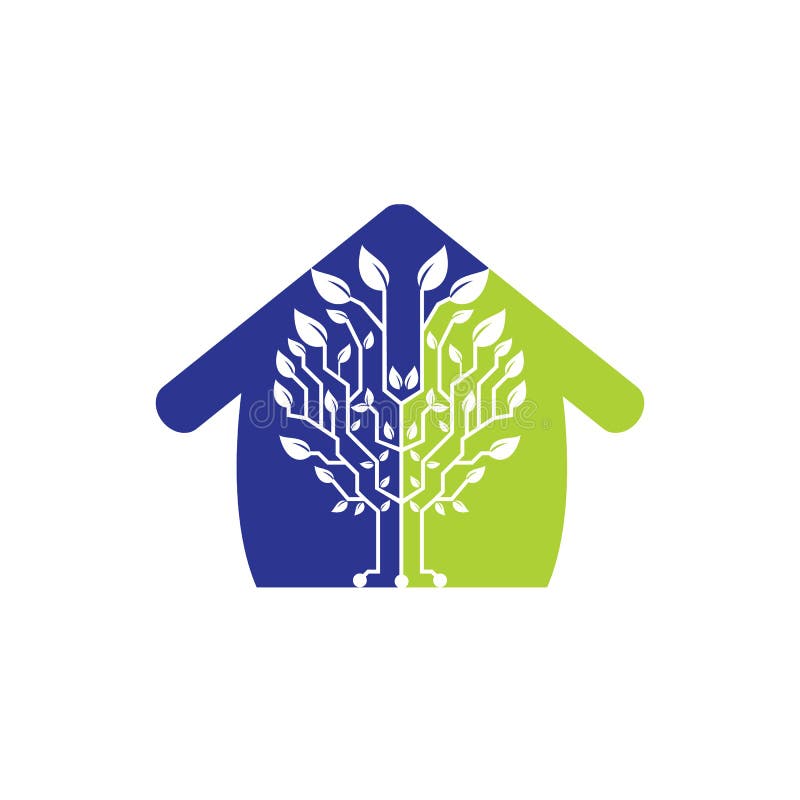 Tech tree vector logo design template. Connecting network tree with home icon logo. stock illustration