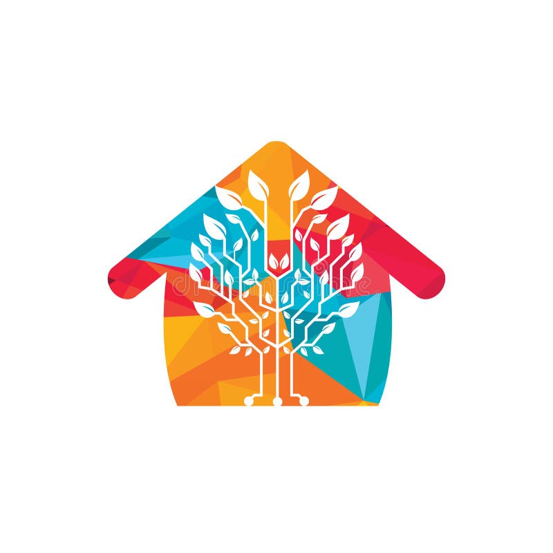 Tech tree vector logo design template. Connecting network tree with home icon logo. vector illustration