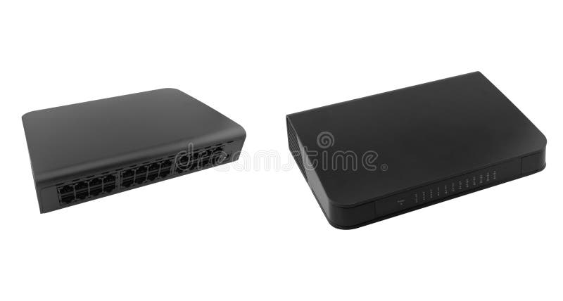 Networking ethernet 24 port switch isolated on white background. Ethernet hub, active hub, network hub, repeater hub, multiport stock photo