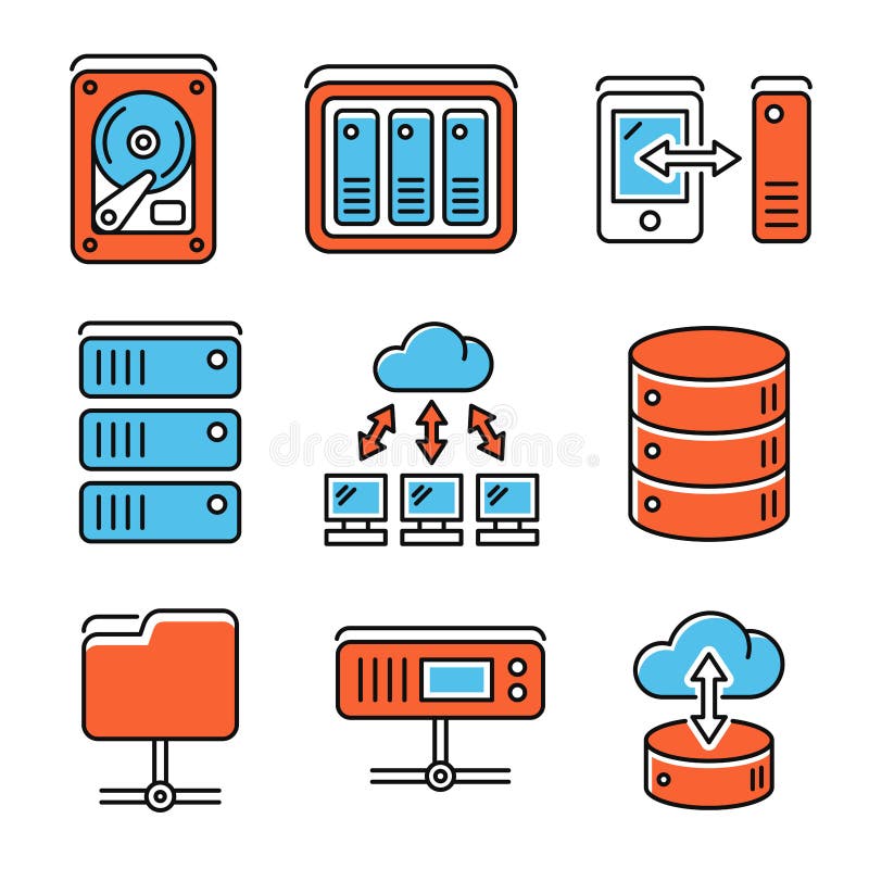 Networking File Share and NAS Server Icons Set. Vector vector illustration