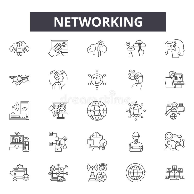 Networking kreskowe ikony, znaki, wektoru set, liniowy pojęcie, kontur ilustracja royalty ilustracja