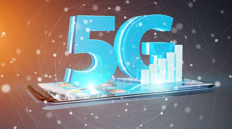 Netz 5G mit Wiedergabe des Handys 3D vektor abbildung Netz 5G mit Wiedergabe des Handys 3D vektor abbildung