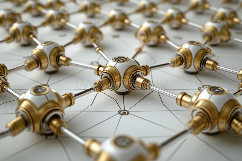 Netzwerk von goldenen Datenknoten, verbunden in einem symmetrischen Gitter, symbolisiert fortgeschrittene Datenkommunikation und e stock abbildung
