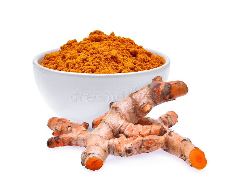 Neue Gelbwurzwurzel und trockenes Gelbwurzpulver in weißem Schüssel isolat stockfoto Neue Gelbwurzwurzel und trockenes Gelbwurzpulver in weißem Schüssel isolat stockfoto
