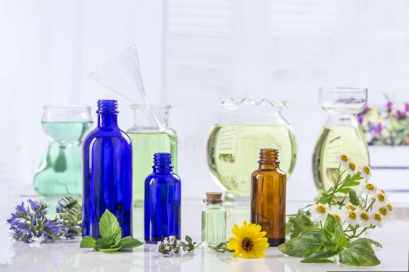 Neue Grünpflanze der Aromatherapie und Blumen botle des ätherischen Öls stockfotos Neue Grünpflanze der Aromatherapie und Blumen botle des ätherischen Öls stockfotos