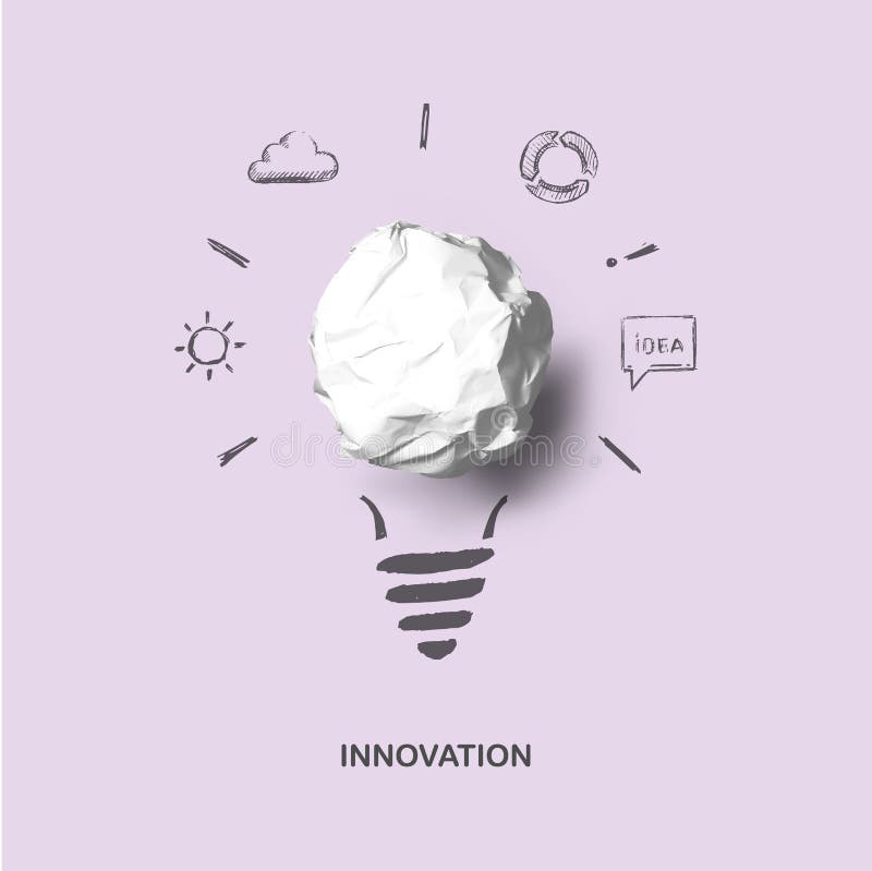 Neue kreative Idee Kunstkonzept der Idee und der Innovation mit realistischer Papierbirne und Skizze stock abbildung Neue kreative Idee Kunstkonzept der Idee und der Innovation mit realistischer Papierbirne und Skizze stock abbildung