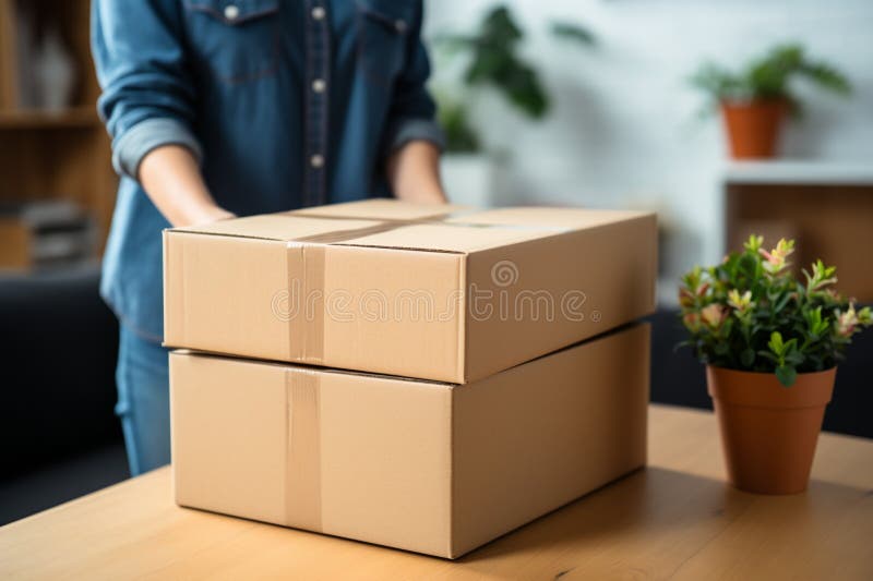Neue Wohnung Ankunft Frau hält Karton bereit für Umsiedlung stock abbildung